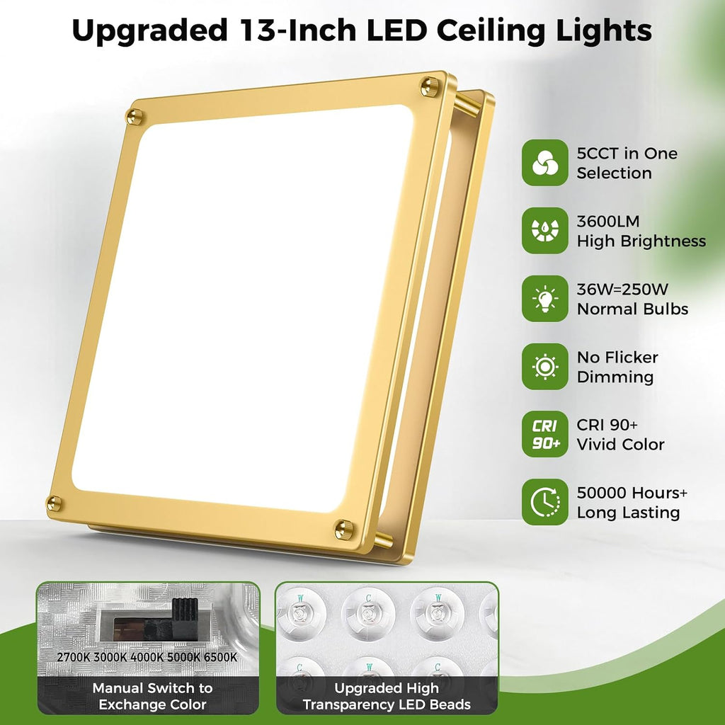13 Inch Gold Square LED Ceiling Lights Kitchen Bathroom, 36W Super Bright 3200LM Modern Flush Mount Light Fixture
