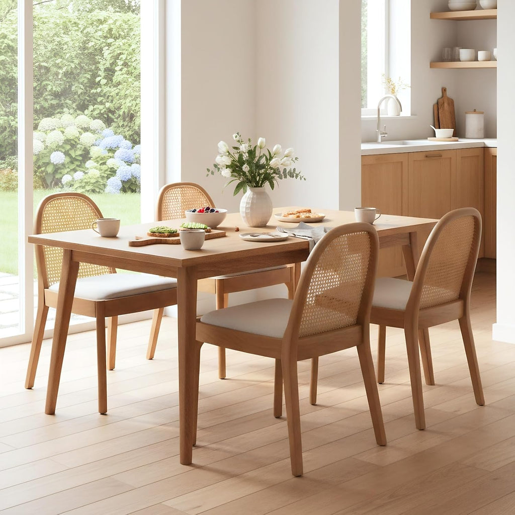 Rattan Dining Chairs Set of 2, Upholstered Linen Dining Room Chairs with Backrests, Modern Kitchen Chairs with Wood