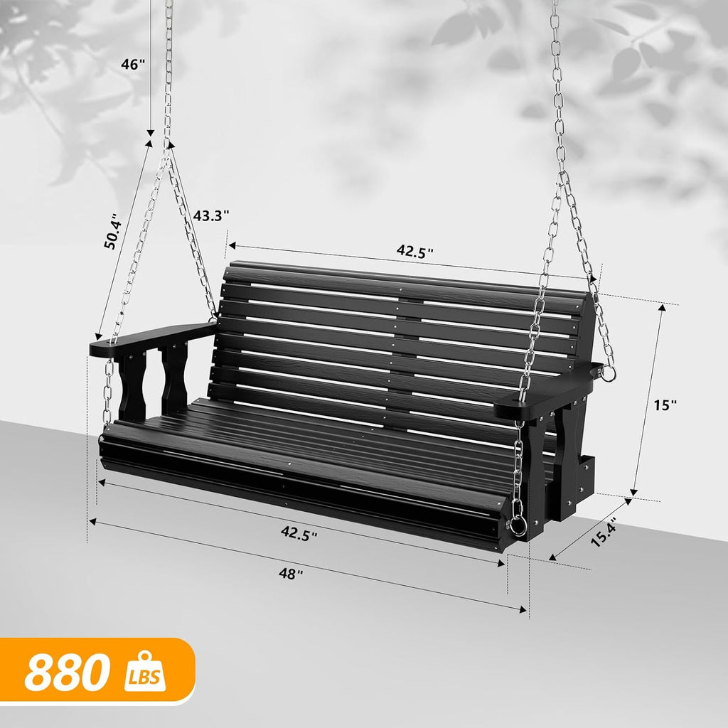2026 Upgraded 4 FT Wooden Porch Swing, 880 LBS Heavy Duty, Black | 2026 Upgraded Design; Heavy-Duty Wooden Swing;