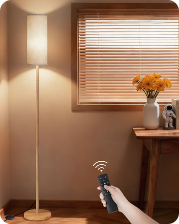 Wooden Textured Pole Lamp, Dimmable Floor Lamps with Remote and Foot Switch, 64.4" Standing Tall Lamp, Corner Floor