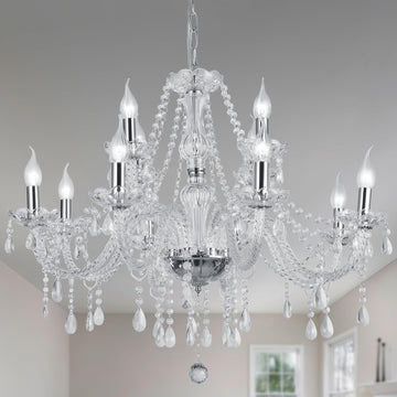 Modern Elegant 15 Lights K9 Crystal Glass Chandelier Silver Pendant Ceiling Lighting European Style for Dining Living Room Bedroom Transparent,15 E12 Bulbs Required
