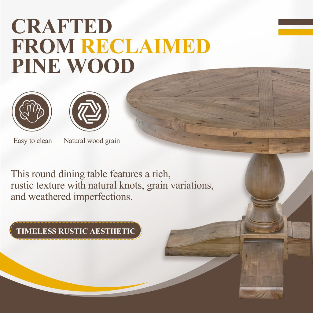 47" Round Dining Table with Wooden Pedestal Base, Reclaimed Pine Wood Dinner Table for 4, Heavy Duty Pedestal Table