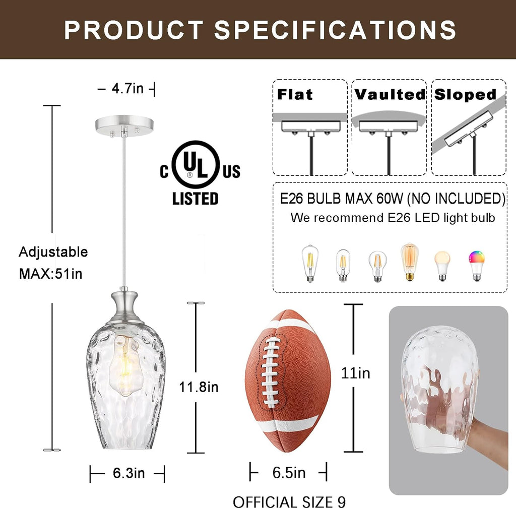 Glass Pendant Lights Kitchen Island 2 Pack, Brushed Nickel Pendant Light Fixtures with Hand-Blown Clear Glass, Modern