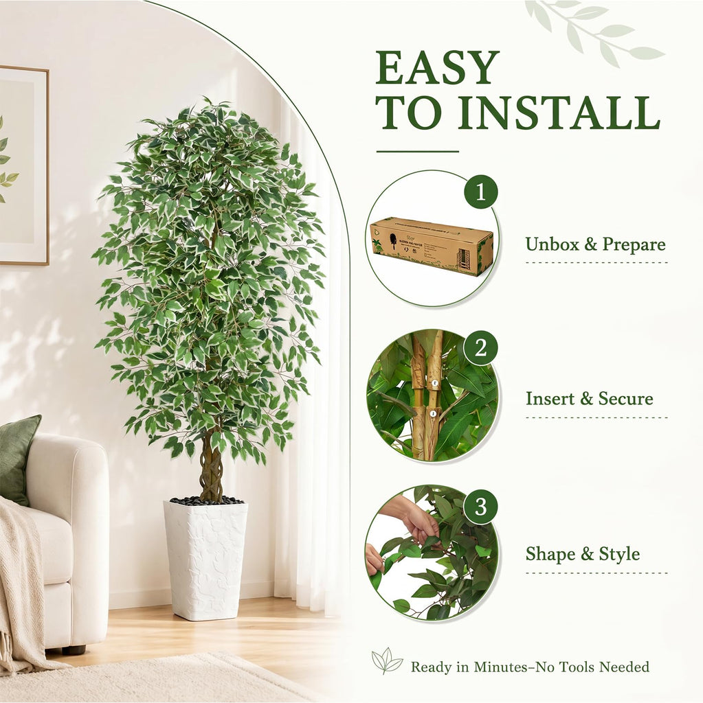 Artificial Ficus Tree 6FT, Large Fake Tree Decor (White Planter)