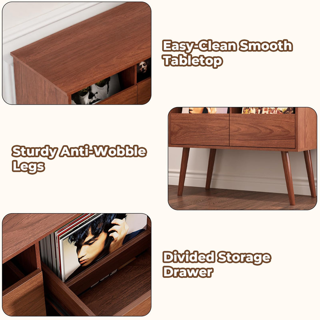 Mid Century Modern Record Player Stand with Vinyl Storage, Brown