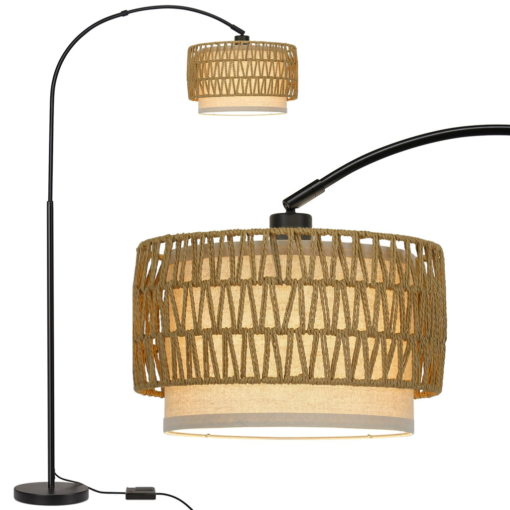 Rattan Floor Lamp, Dimmable Arc Floor Lamps with Adjustable Head