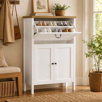 Shoe Cabinet with Flip Drawer, Shoe Storage Cabinet with Boot Rack and 6 Boot Clips, Narrow Entryway Shoe Cabinet