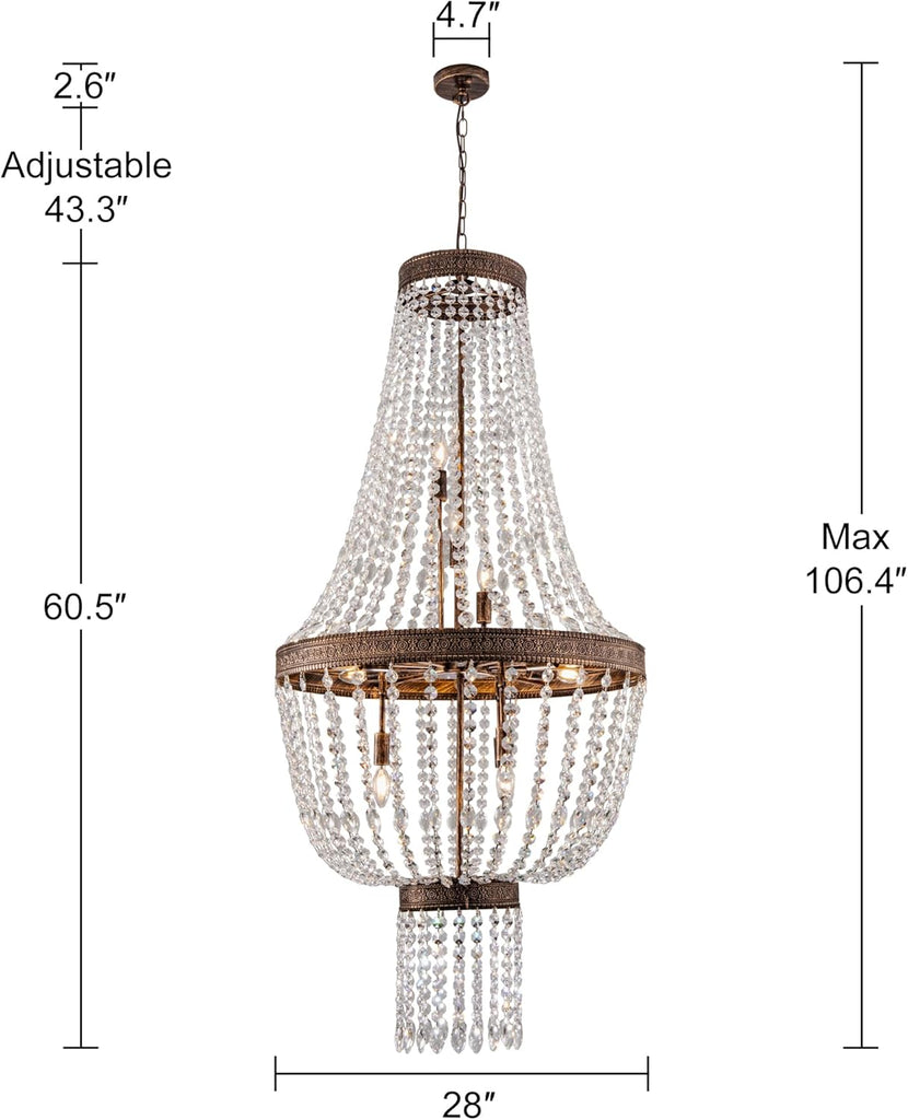 12-Light French Empire Crystal Chandelier, 60.5"H Bronze Rustic Farmhouse Light Fixture, Adjustable High Ceiling Chandelier for Dining Room,Living Room,Foyer,Entryway,Staircase,Hallway, 28"W