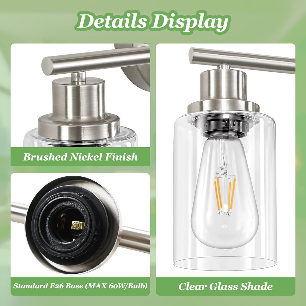 4-Light Nickel Bathroom Light Fixtures, E26 Modern Vanity Lights with Clear Glass Shade, Wall Lamps for Mirror