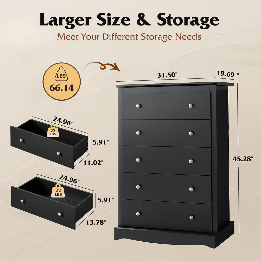 5 Drawer Dresser, 45" Tall Dresser with Exclusive Anti-Tip Structure, Modern Chest of Drawers with Large Capacity
