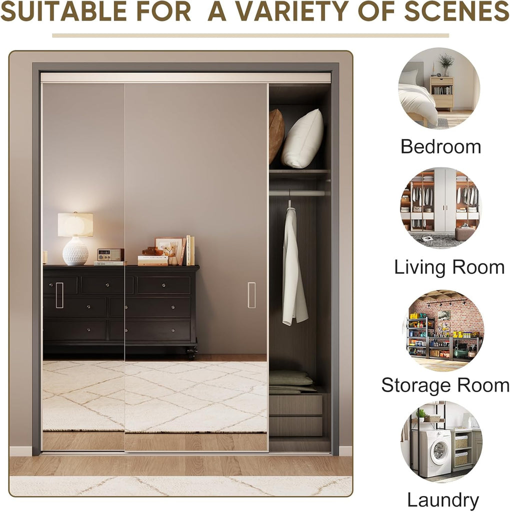 Mirror Closet Doors, 60''x80'' One Side Sliding Closet Door with Hardware Kit, Interior Steel Frame 