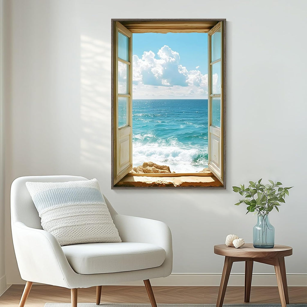 Framed Window Beach Scene Wall Art, Blue Ocean Vertical Coastal Canvas Painting Prints, Summer Seascape Wave Artworks