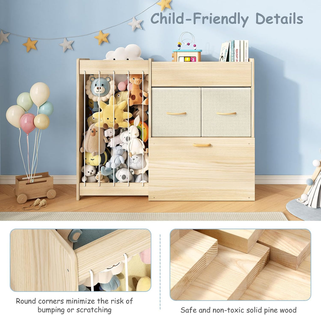 Toy Storage Organizer with Stuffed Animal Holder, Solid Wood Kids Toy Shelf with 2 Drawers, Rolling Toy Chest and Top