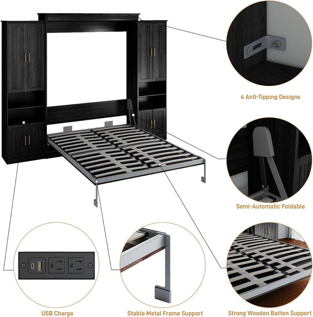 Murphy Bed Queen with 2 Side Cabinet Storage Shelves, Queen Wall Bed Cabinet with USB Port, Wood Foldable Platform