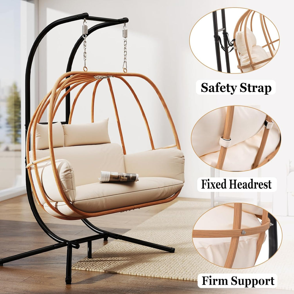 Double Egg Swing Chair with Stand, Oversized Egg Chair Outdoor Indoor, Hanging Swing Chairs with Cushions, Extra