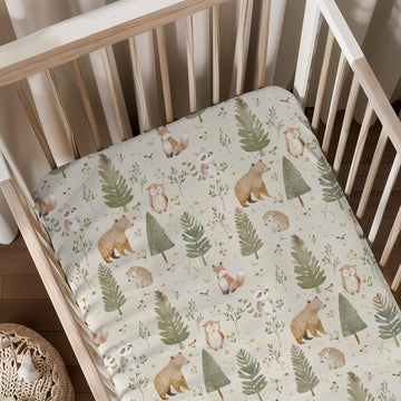 Forest Animals Pattern Baby Sheets for Crib, Unisex Bears Hedgehog Raccoon Trees Nursery Fitted Bed Sheet for Boys