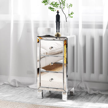 3-Drawer Mirrored Nightstand End Table Bedside Table, Silver, 11.7" L x 11.8" W x 23.8" H