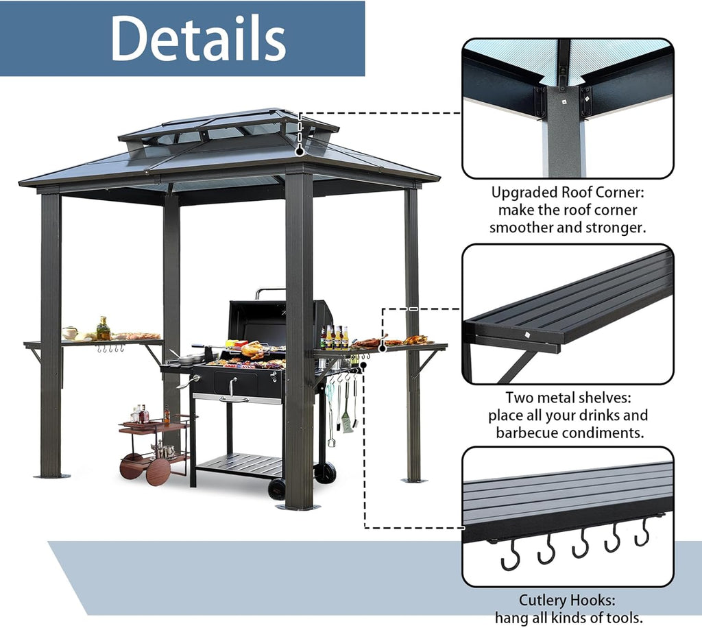 8' x 5' Hardtop Grill Gazebo with Double Roof, Polycarbonate Panels, Aluminum Frame & Galvanized Steel for Patio and Backyard