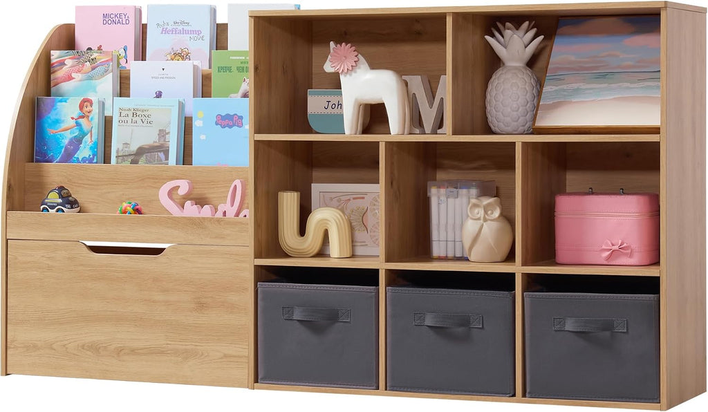 Kids Bookshelf and Toy Storage, Toy Storage Organizers with Movable Drawers & 3 Storage Bins, Kids Reading Nook Toy