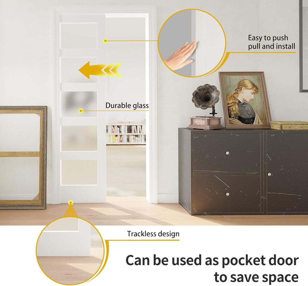 Sliding Pocket Door 32" x 80" - 5 Lites Tempered Frosted Glass Panels, Interior & Closet Single Door