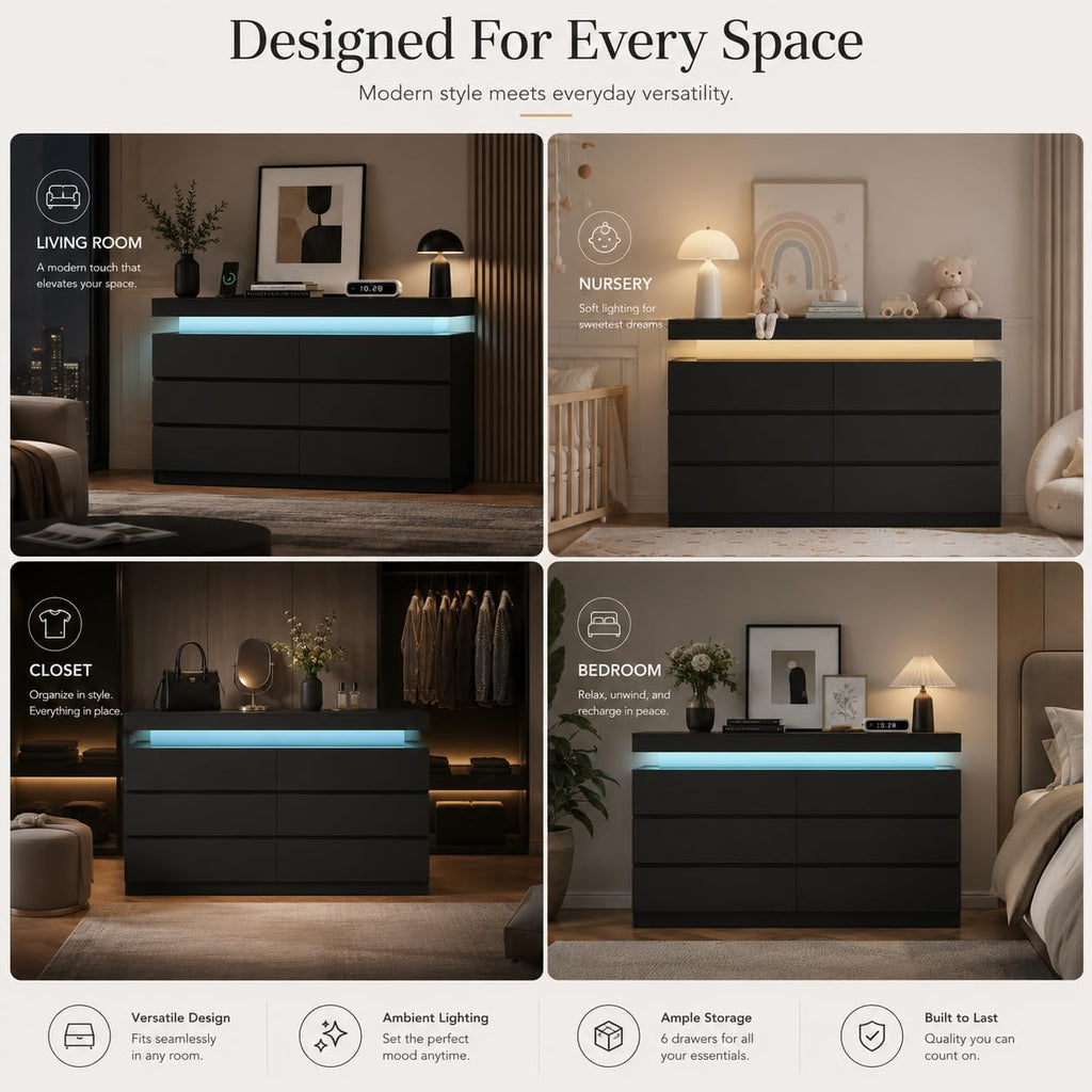 6 Drawer Dresser with LED Lights & Charging Station, Modern Floating Black Dresser , Smart Storage Chest with 2 AC