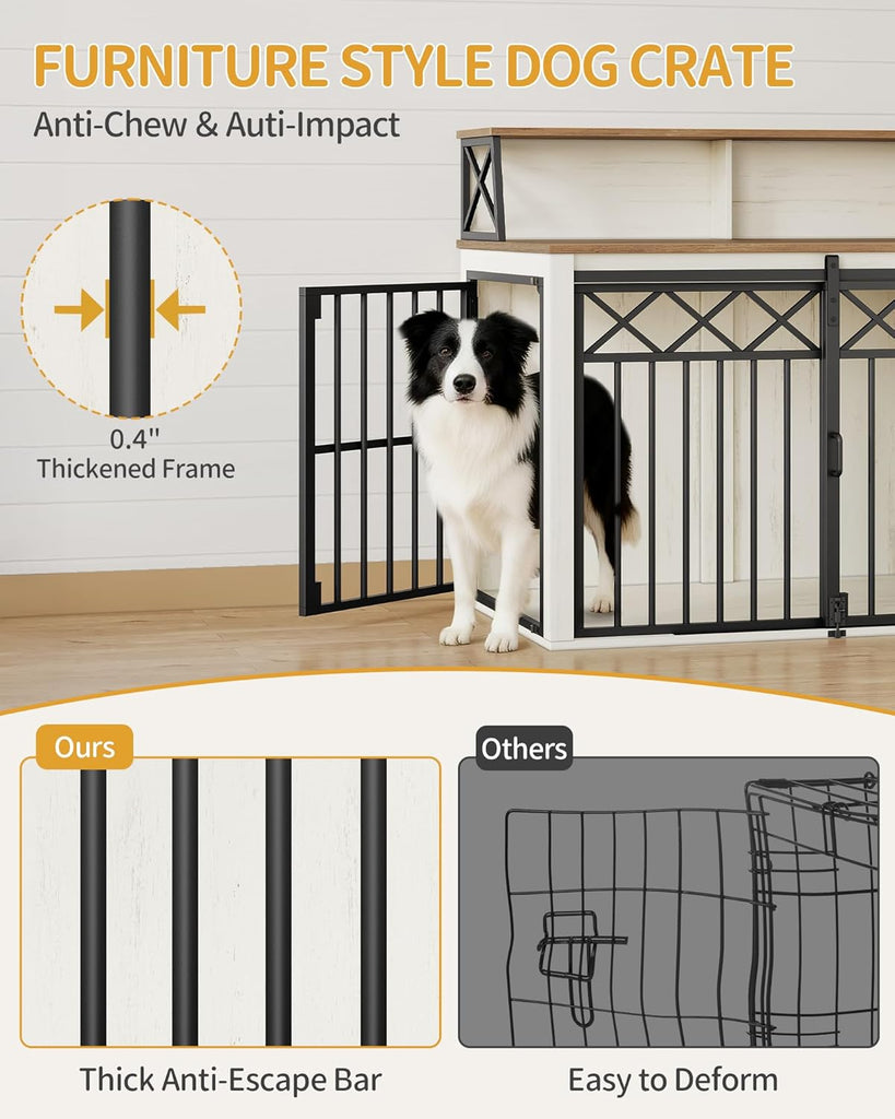 39.4'' Dog Crate Furniture, Large Wooden Dog Crate with Storage and 3 Doors, Indoor Kennel for Medium/Large Dogs