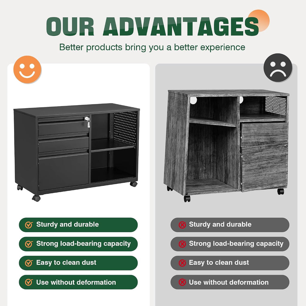 Mobile 3 Drawer File Cabinet with Lock-Metal Lateral Rolling Printer Stand Filing Cabinets -Storage A4/F4/Letter