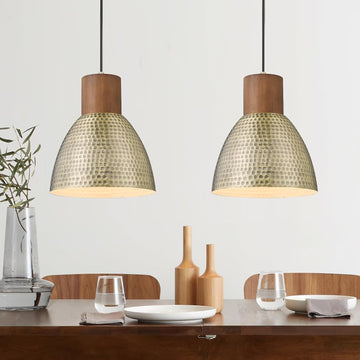 2 Pack Hammered Pendant Light Fixtures, 10.2" Vintage Metal Solid Wood Hanging Bar Lamp, Mid Century Antique Gold