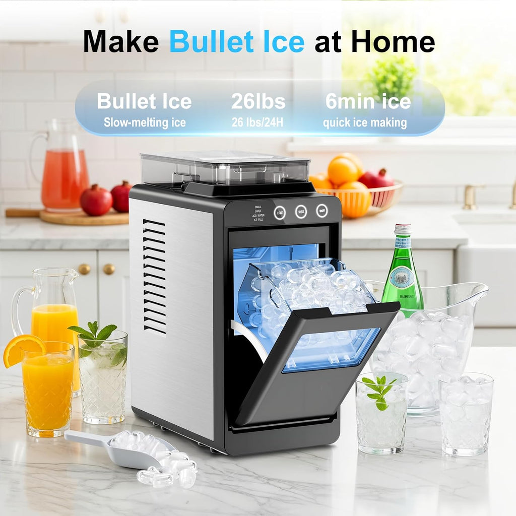Countertop Ice Maker with 1.2L Top Water Tank, 8 Bullet Cubes in 6 Mins, 26.5lbs in 24Hrs, 2 Ice Sizes, Self-Cleaning