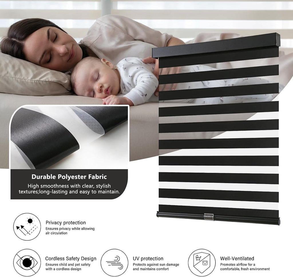 Cordless Zebra Blinds for Windows Pull Down Roller Window Shades Dual Layer Light Filtering Privacy for Day and Night