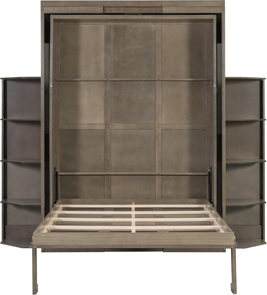 Full Murphy Bed with Convertible Desk&Dual 3-Tier Side Shelves&Extra Storage Racks, Wooden Rotating Hidden Wall
