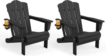 Folding Adirondack Chair, All-Weather HDPE Material, Black, 2 Pack | Wooden Textured Lawn Chair Patio Chairs for