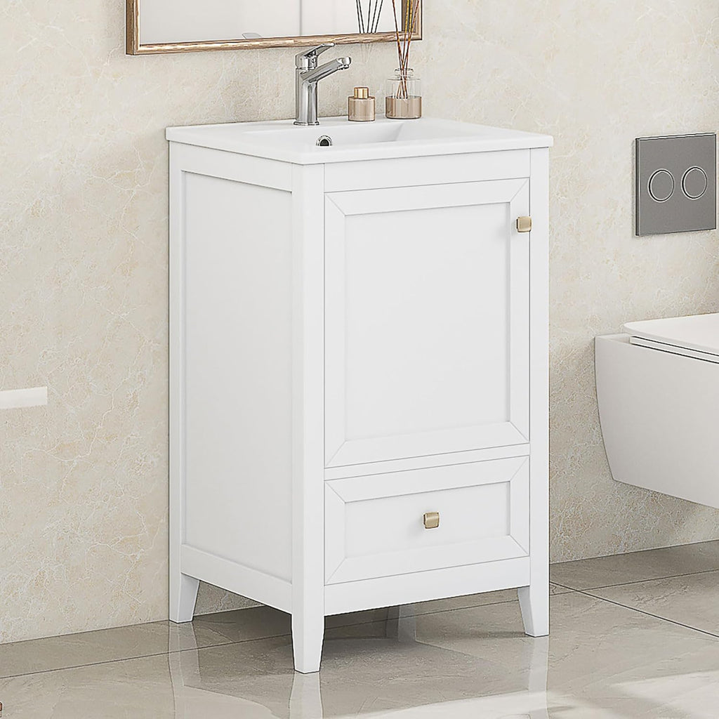 20-inch Solid Wood Bathroom Vanity with Sink, Free Standing Cabinet, Soft Closing Door, Storage Rack