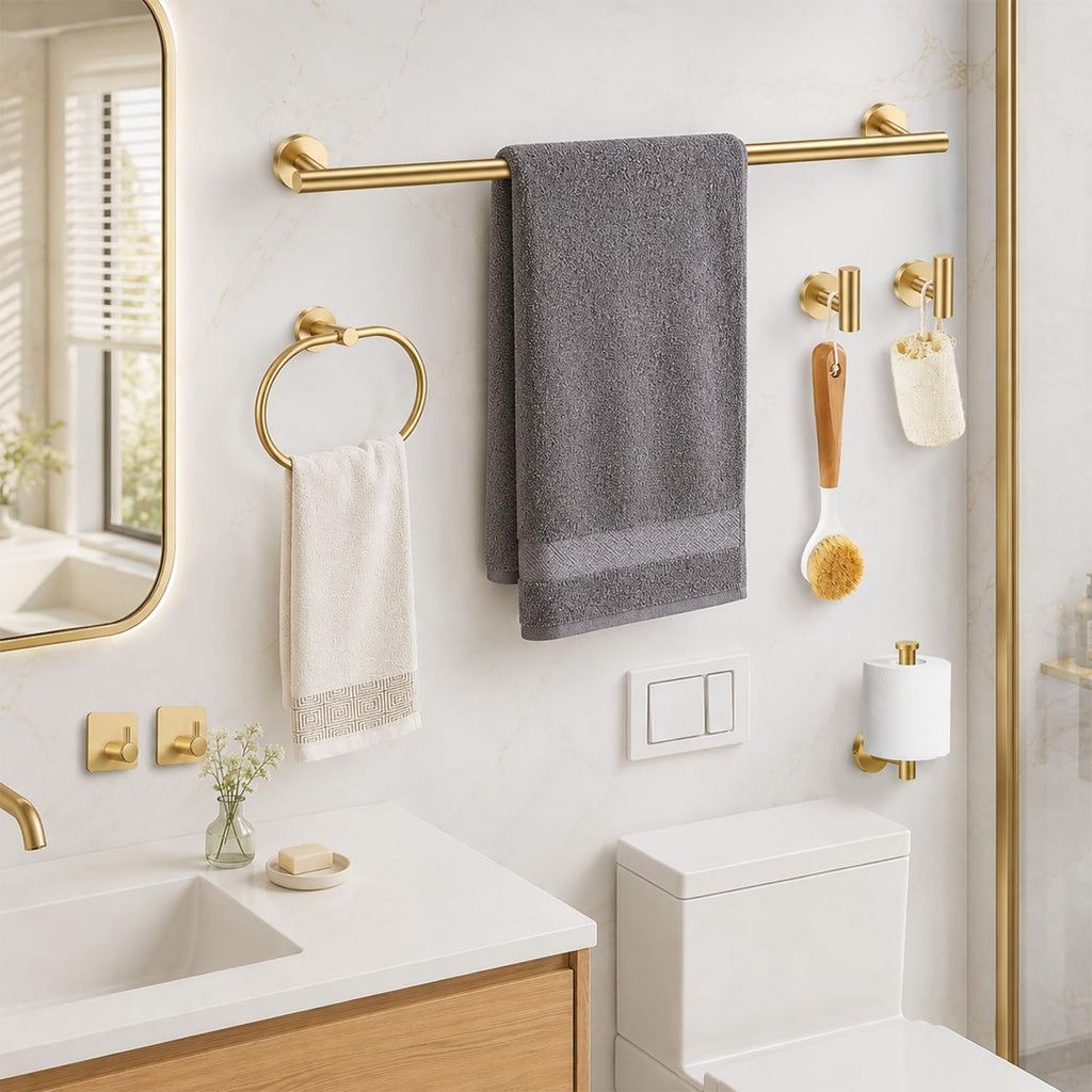 Brushed Gold Bathroom Accessories Set, 7 Pieces Gold Towel Bar Bathroom Hardware Set, 31.5 Inch Towel Racks , SUS304