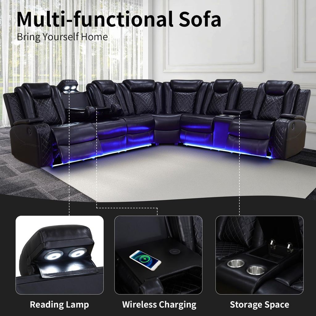 Power Recliner Sofa Sectional Couch with LED Light for Living Room,Leather Reclining Corner Sectional Sofa with 2