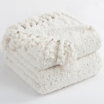 Throw Blanket, White Luxury Knitted Throws 50"x60", Textured Blankets with Handmade Fringe Tassels, Chunky Soft