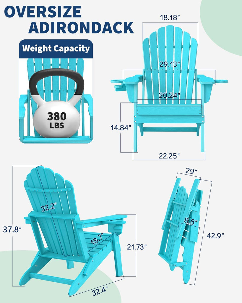 Oversized Folding Adirondack Chair, HDPE All-Weather Patio Chair with 2 Cup Holders, High Back Wide Seat Fire Pit