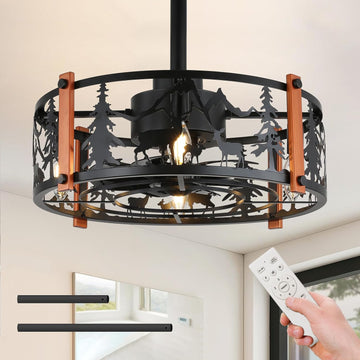 19 inch Caged Ceiling Fans with Lights - Black Farmhouse Ceiling Fan Light with 6 Speeds, Reversible Silent Motor
