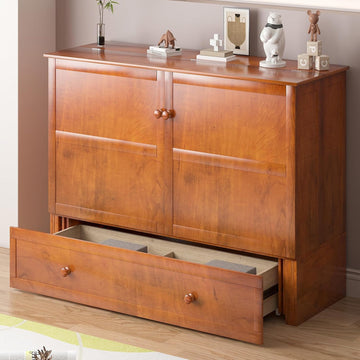 Murphy Bed with Mattress Included, Queen Murphy Bed Cabinet with Storage Drawer and Bedside Panel, Built-in Charging