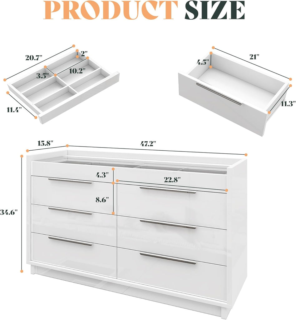 47.2" W 8-Drawer Dresser with Glass Top, High Gloss, White | Wide Dresser, 2 Jewelry Drawers, LED Lighting, Spacious