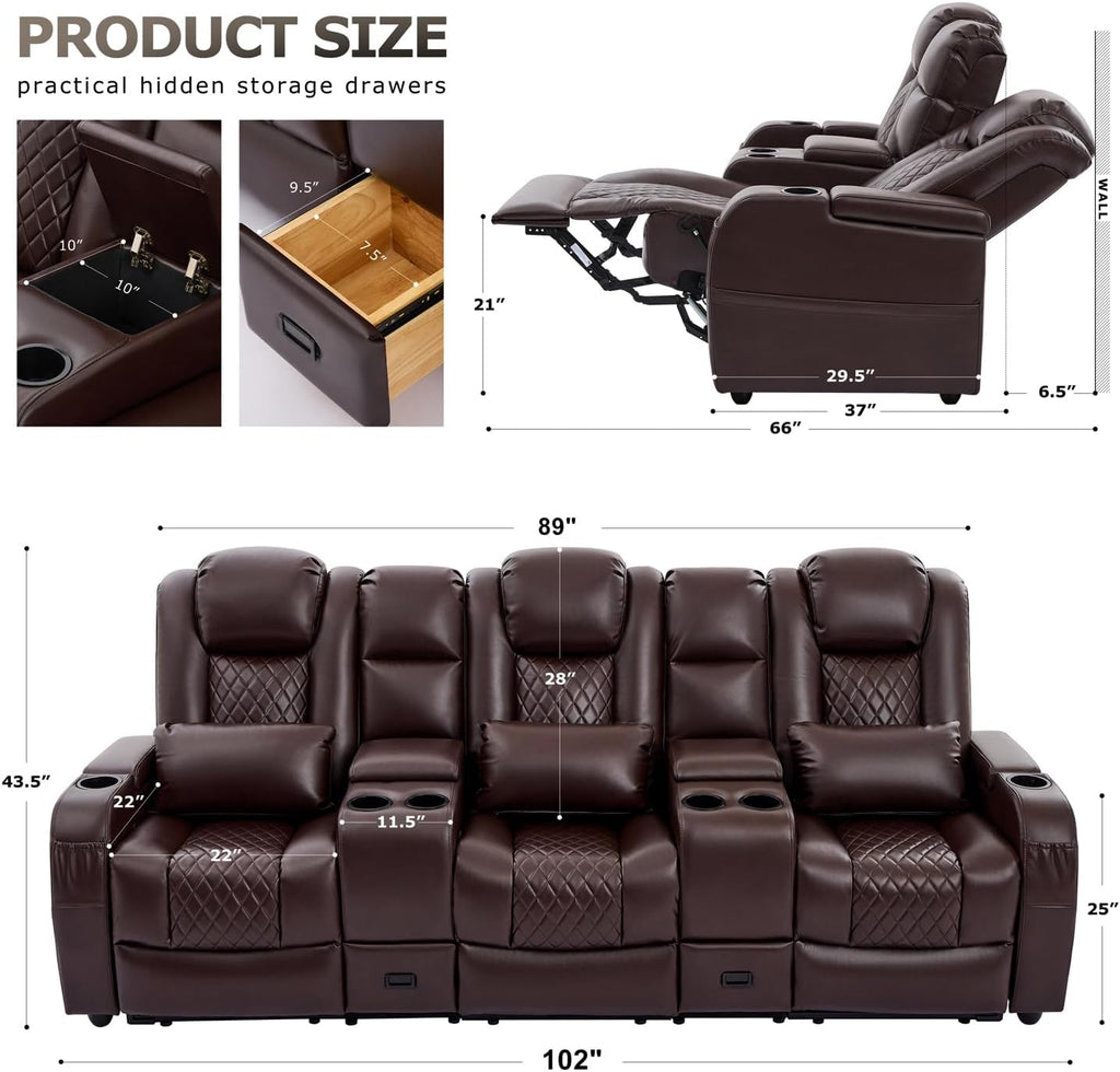 Home Theater Seating, Recliner Sofa PU Leather with Central Console and 3 Pillows