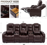 Home Theater Seating, Recliner Sofa PU Leather with Central Console and 3 Pillows