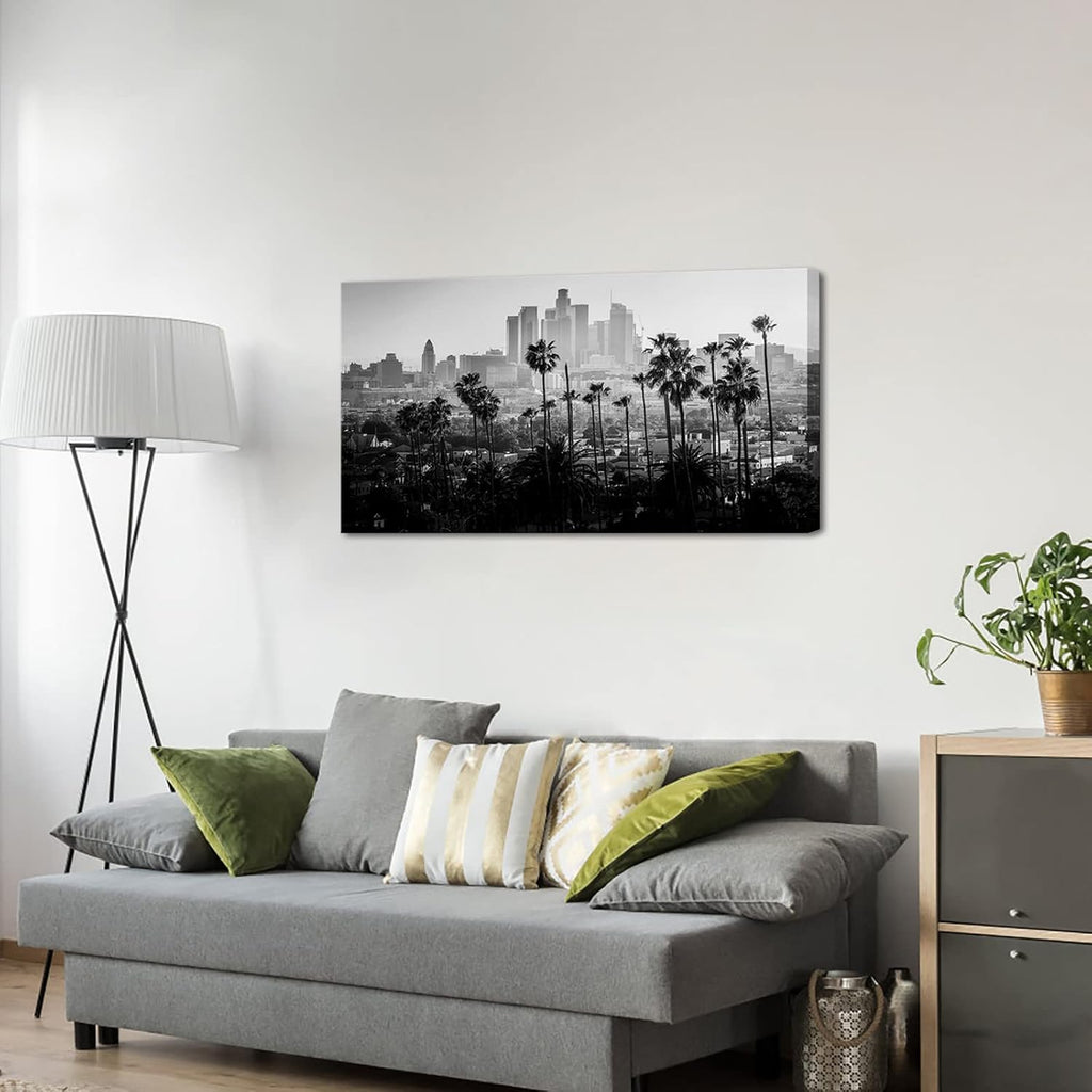 City Canvas Wall Art Los Angeles Downtown Picture Print Black and White LA Cityscape Painting for Wall Decor Framed