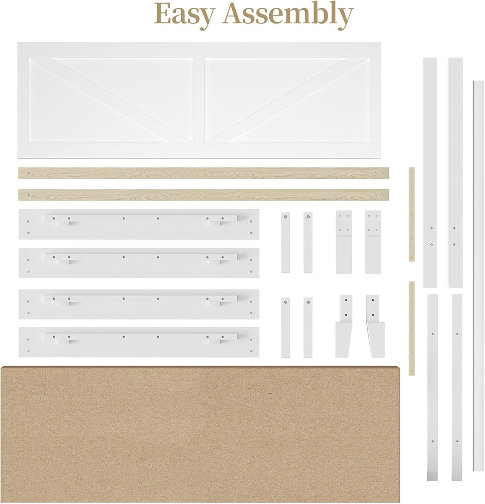 Wood Bed Queen, Farmhouse White Rubberwood Platform Bed Frame with V-Designed Headboard, Sturdy Wooden Support Slats