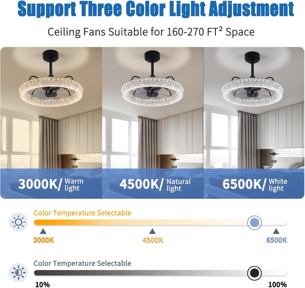 20" Ceiling Fans with Lights and Remote, Modern Crystal Chandelier Quiet Ceiling Fans