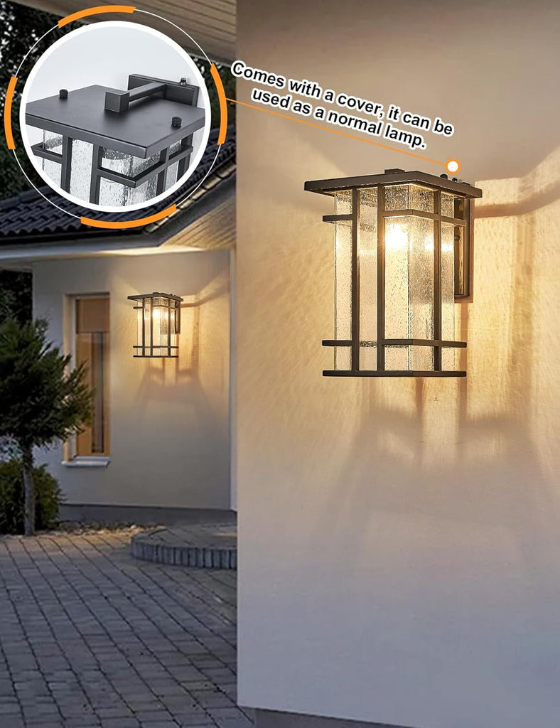 Rustic Dusk to Dawn Outdoor Wall Light Fixture 13.8"H Waterproof Exterior Wall Sconces Black Metal with Seeded Glass