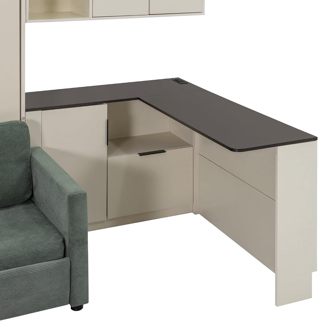 Queen Murphy Bed with Couch,L-Shape Desk and Storage Cabinet & LED, Wood Folding Murphy Wall Bed with Desk,Sofa and Storage Shelves Drawers,Space Saving Hidden (Dark Gray)
