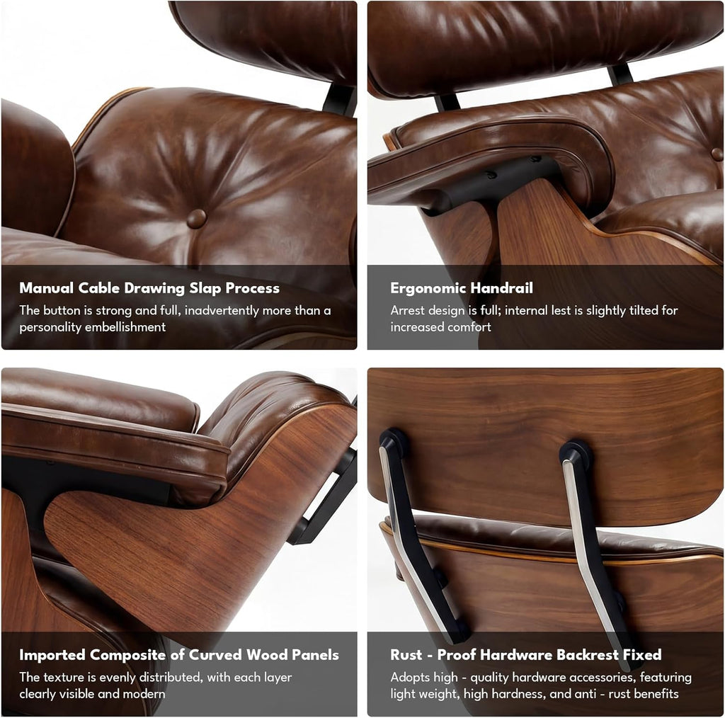 Modern Reading Chair and Ottoman — Walnut Leather
