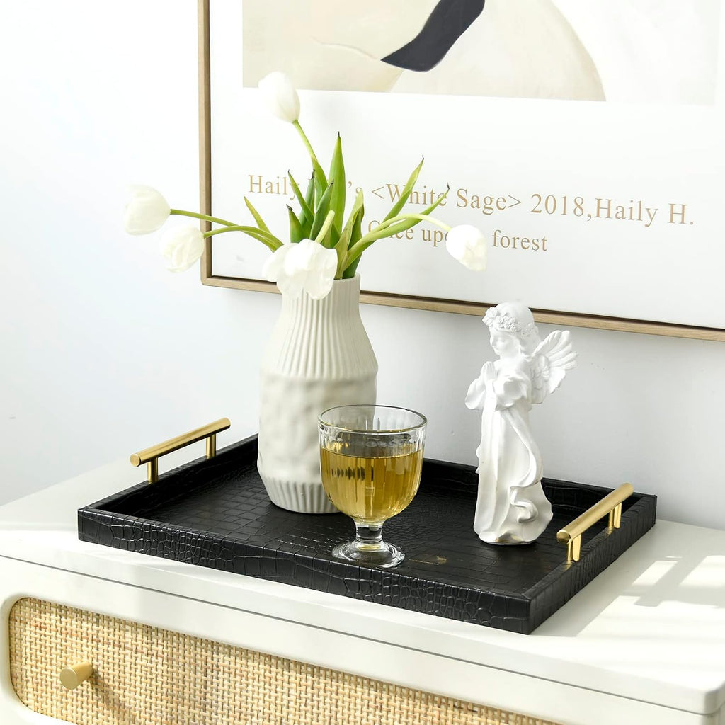 Set of 2 Modern Elegant Large Wood Serving Tray, Rectangle Decorative Tray Ottoman Tay Coffee Table Tray, Black