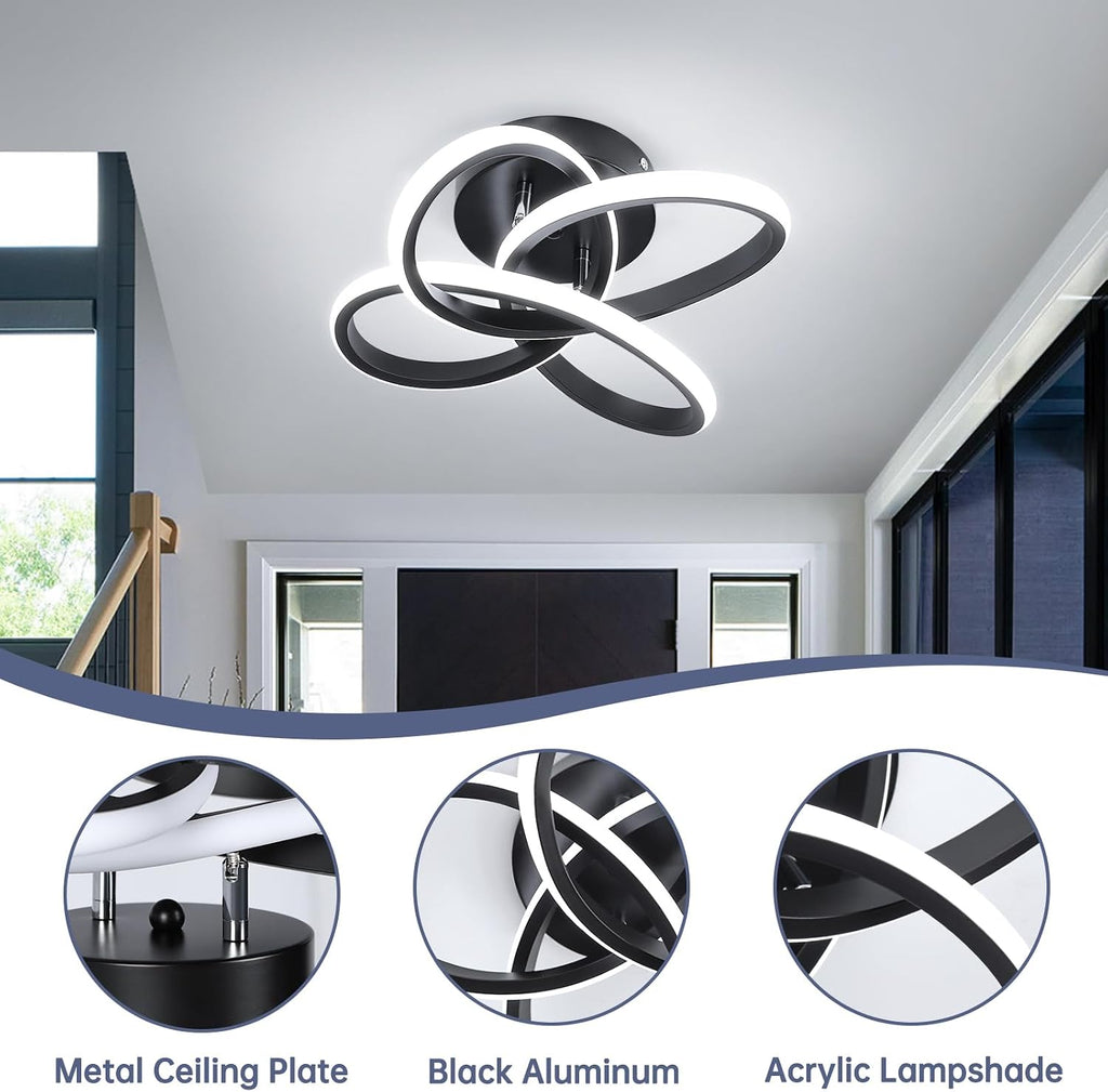 Modern Led Ceiling Light Fixture, 6000K Small Hallway Ceiling Light, Black Close to Ceiling Lights Bedroom Bathroom